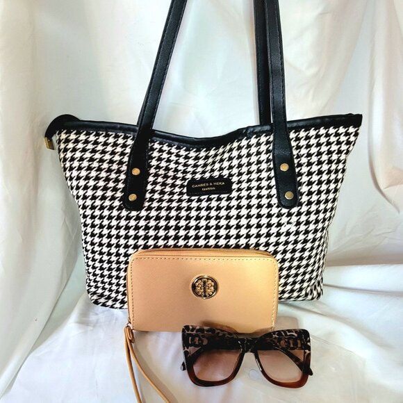 3fer ~ Cahres & Heka Tote Bag, Rebecca & Rifka Tan Wallet, Dark Brown Sunglasses - Picture 1 of 4